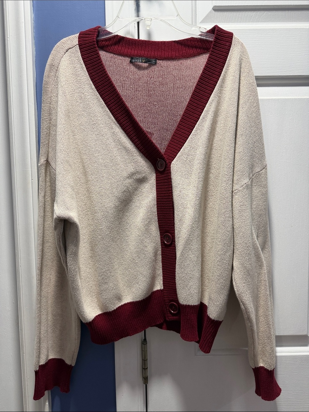 Women's Cream Cardigan with Burgundy Trim - Classic Button Front